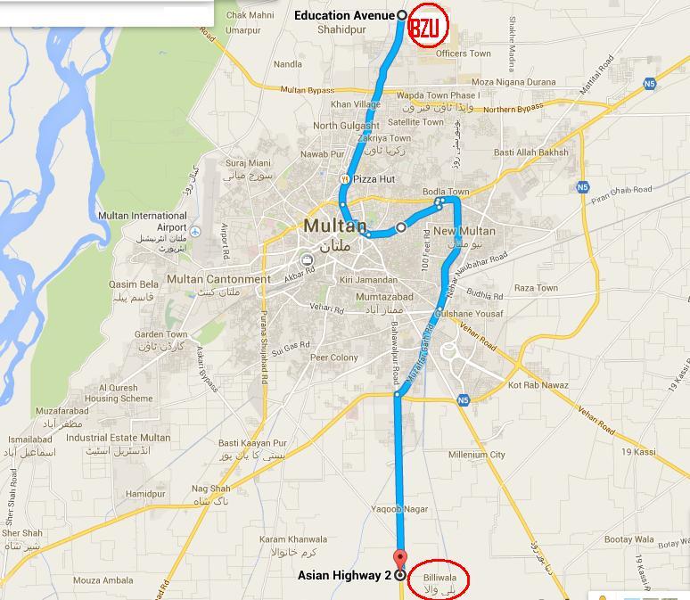 Multan Metro Bus Route Map – BZU (Bosan Road) to Billi Wala (Bahawalpur Road)