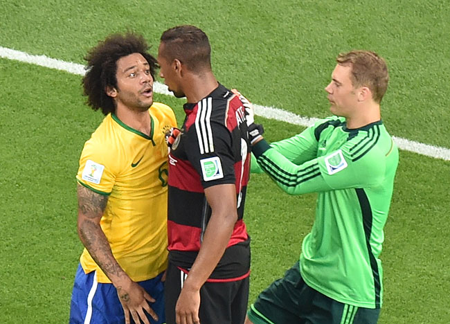 Brazil's defender Marcelo got involved with Germany's defender Jerome Boateng during the game