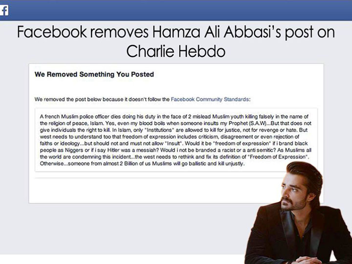 Faceebok Removed Hamza Ali Abbassi Post on Charlie Hebdo