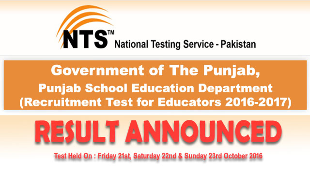 Punjab Educators NTS Test Results October 2016