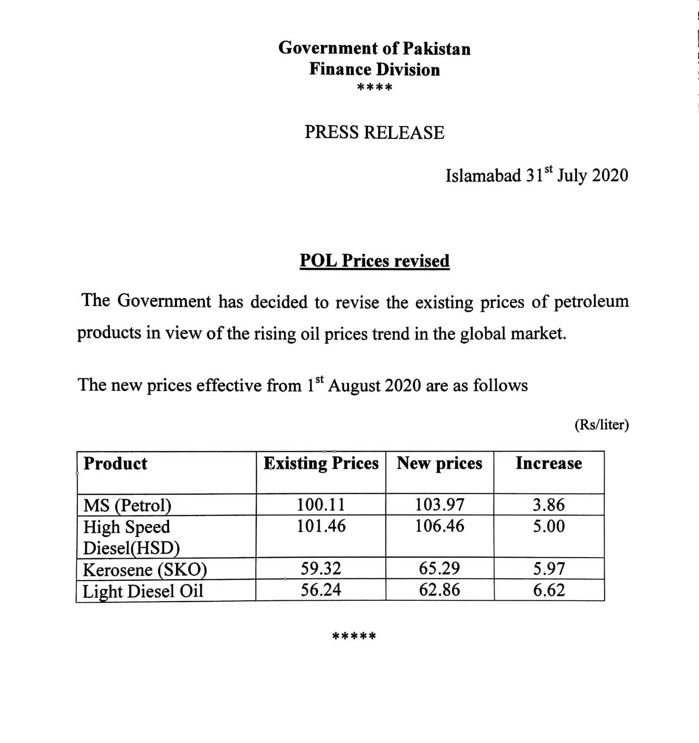 Govt. increase Petrol Price