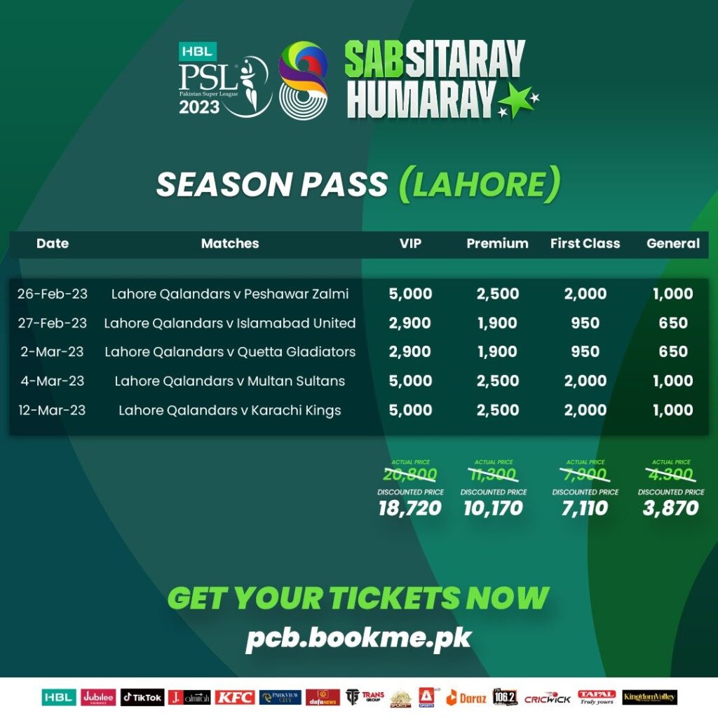 PSL 2023 Tickets Season Pass for Lahore Matches