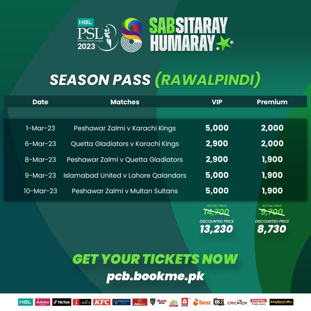PSL 2023 Tickets Season Pass for Rawalpindi Matches