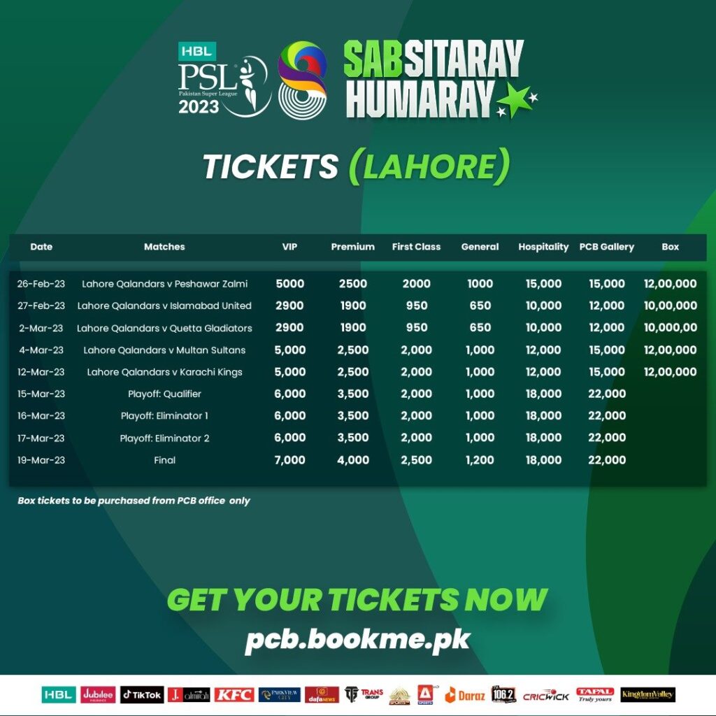 PSL 2023 Tickets for Lahore Matches