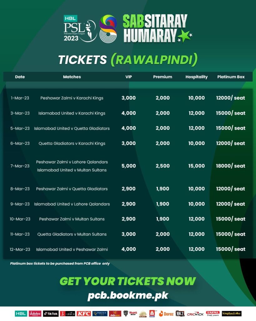 PSL 2023 Tickets for Rawalpindi Matches