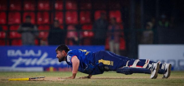 Gulshan Jha celebrates with a push-up after Karnali beat Biratnagar in NPL Season 3 Match 6 at TU Ground, Kirtipur