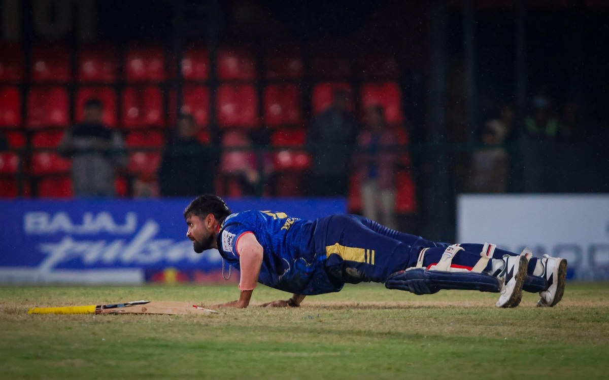 Gulshan Jha celebrates with a push-up after Karnali beat Biratnagar in NPL Season 3 Match 6 at TU Ground, Kirtipur
